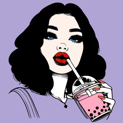 realistic girl with glossy lips holding boba