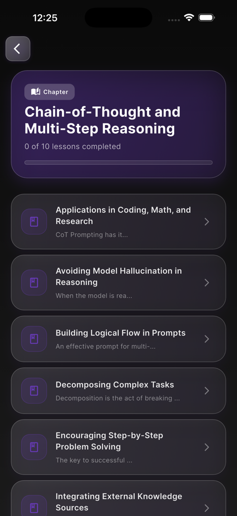 Mobile app interface showing the Chain-of-Thought and Multi-Step Reasoning chapter with a list of specific lessons.