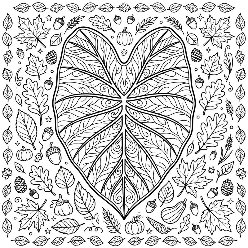 Celebrate the rich colors of autumn with this beautiful coloring page featuring a prominent elephant ear leaf. Surrounded by a festive array of fall foliage and harvest delights, it offers a relaxing and engaging creative escape.