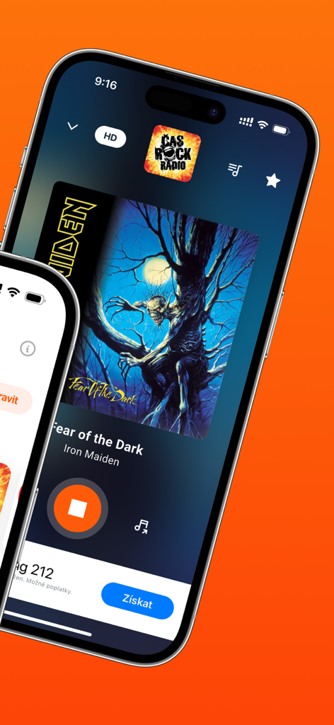 iPhone screen showing the PLAY.CZ app playing Iron Maiden on a Czech rock radio station.