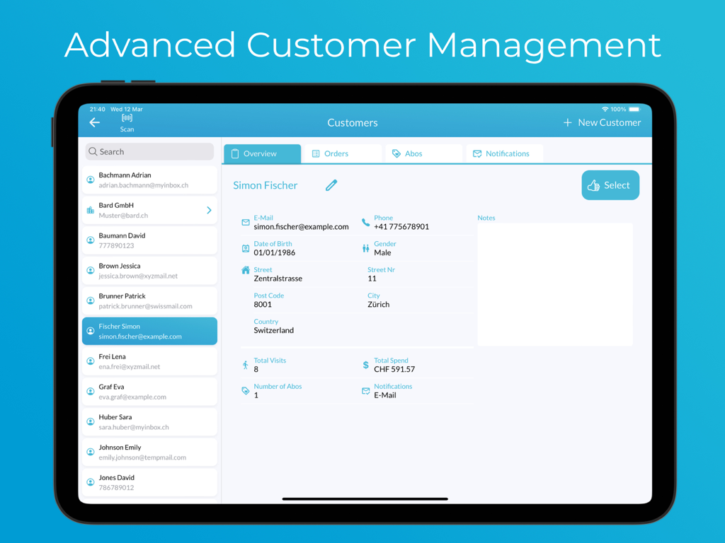 Panel avanzado de gestión de clientes de Lagutta POS en un iPad