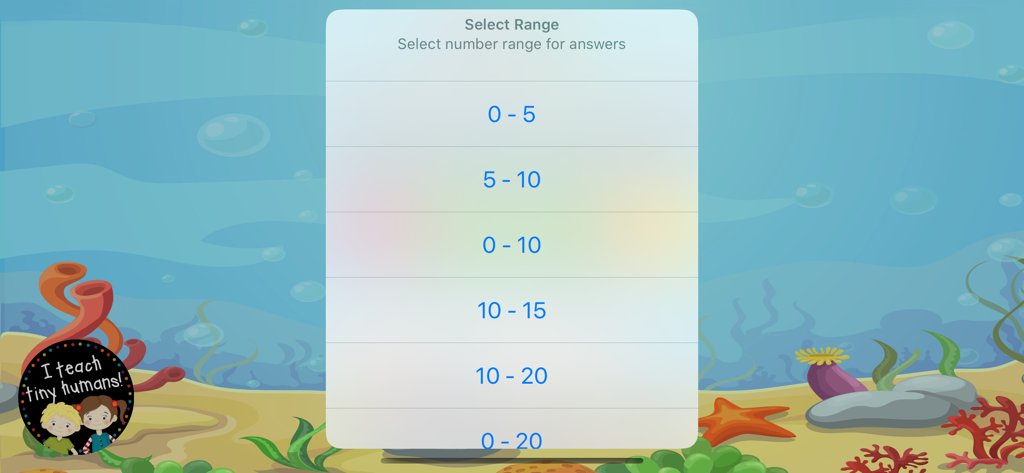 Ein Menübildschirm in der Mathematik-Manipulatoren-App zur Auswahl des Zahlenbereichs für Additions- und Subtraktionsergebnisse
