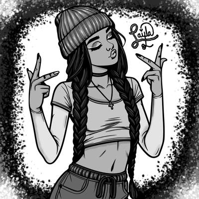 realistic teenage girl with braids and a beanie and crop top doing 🫶🏼