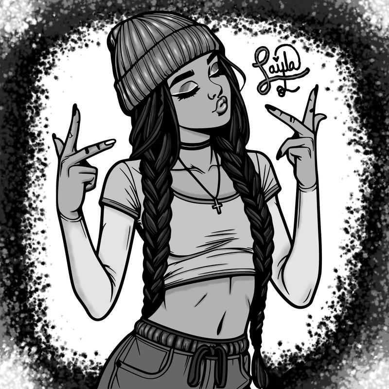 realistic teenage girl with braids and a beanie and crop top doing 🫶🏼