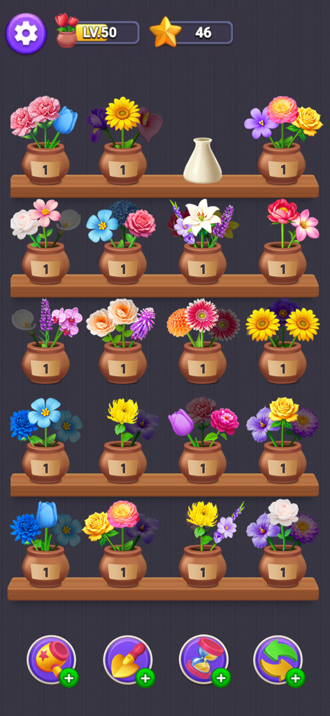 Flower Merge - Blossom Games - Colorful flower pots on wooden shelves in a merge puzzle game screen