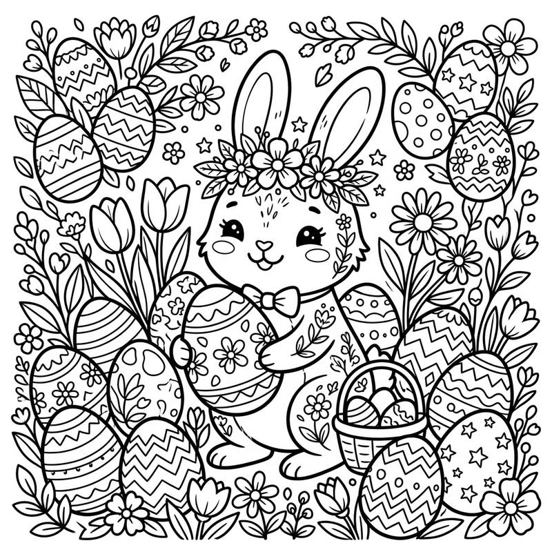 Celebrate the joy of Easter with this delightful coloring page featuring an adorable bunny surrounded by beautifully decorated eggs. Perfect for bringing spring cheer and creativity to your day.