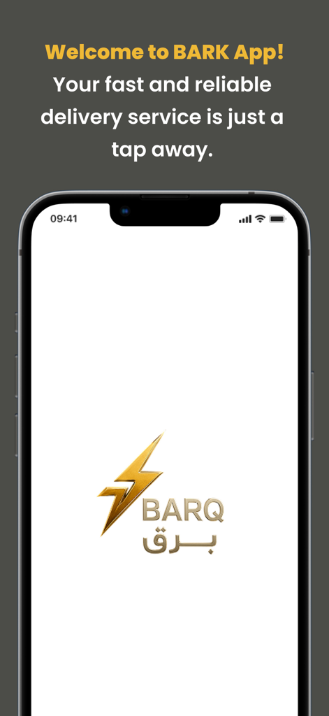 BARQ-برق - BARQ配達アプリのスプラッシュスクリーン。金色の稲妻ロゴと歓迎メッセージが携帯電話に表示されています。