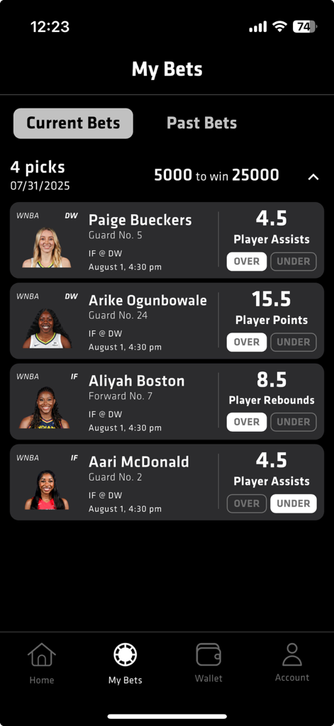 GameOn Fantasy - GameOn Fantasy app screen displaying active WNBA player parlay bets