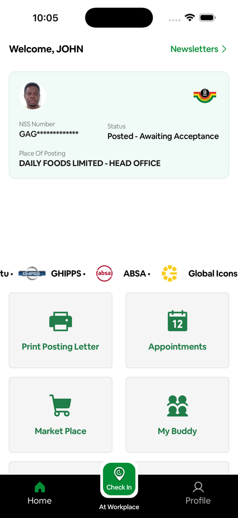 NSS Connect - NSS Connect アプリのダッシュボード。サービス勤務地の詳細と、「勤務地レターの印刷」「予定」などのクイックアクセスメニューアイコンが表示されるユーザープロフィールが表示されます。
