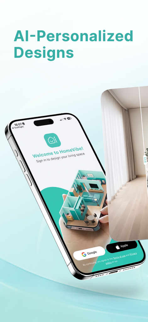 HomeVibe – AI Home Design - HomeVibe app welcome screen featuring AI personalized home designs