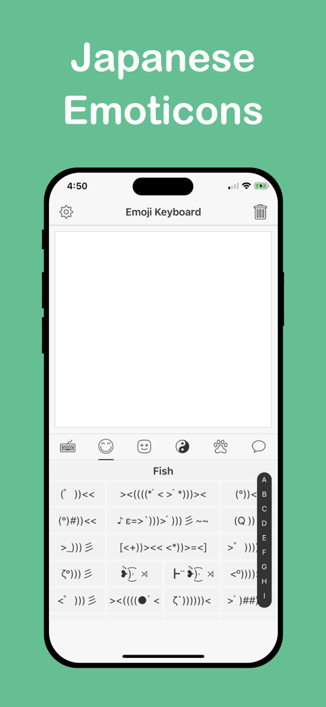 Emoji Keyboard for Texting Pro - Screenshot of the Emoji Keyboard app showing a list of fish themed Japanese emoticons