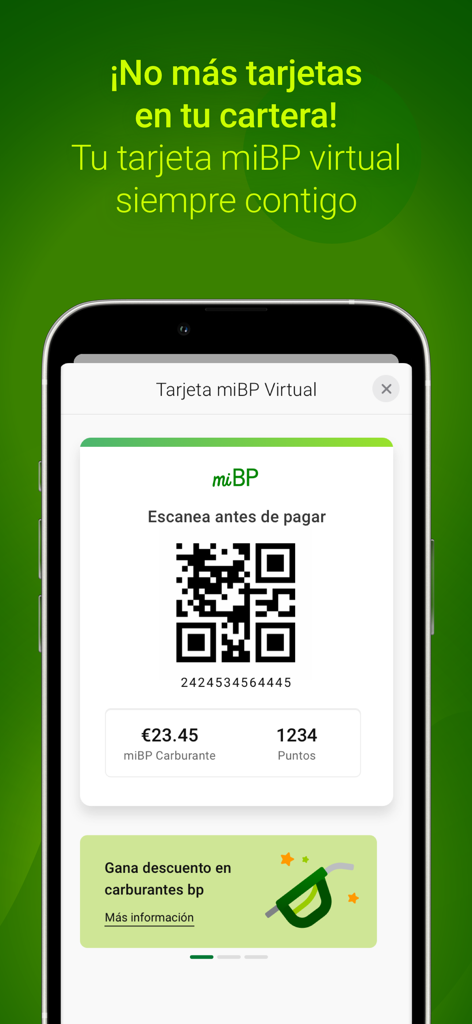 miBP ofertas y puntos gasolina - A smartphone screen displaying the miBP virtual loyalty card with a QR code and reward points for gasoline discounts