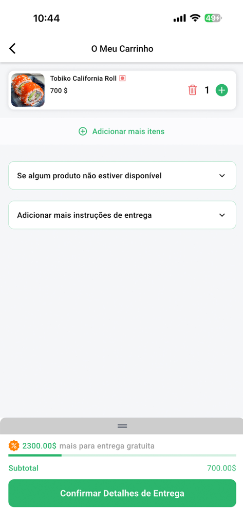 Bafa: pedir comida em casa - Écran du panier de l'application de livraison de repas Bafa présentant une commande de sushi et un bouton de confirmation de livraison