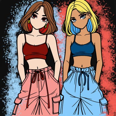 two girls with crop top with baggy pants