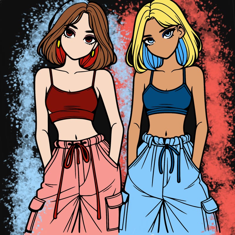 two girls with crop top with baggy pants