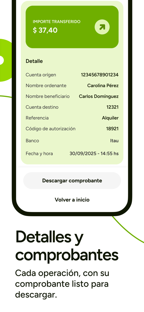 Verde FUCAC - Una pantalla de recibo de transacción en la app móvil Verde FUCAC que muestra los detalles de la transferencia y un botón para descargar el recibo.
