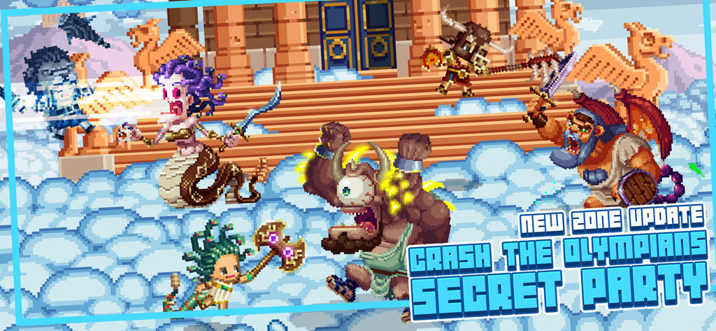 Pixel art characters battling in the Olympians Secret Party update for Bit Heroes Quest