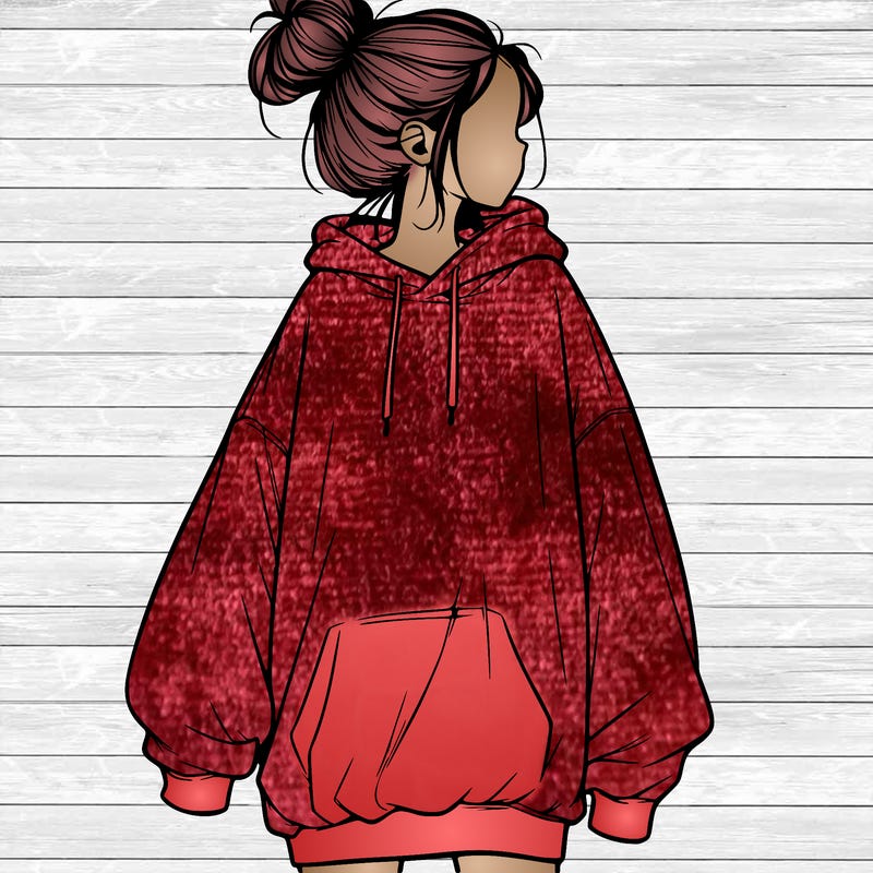 realistic girl with a oversized sweatshirt on and a bun