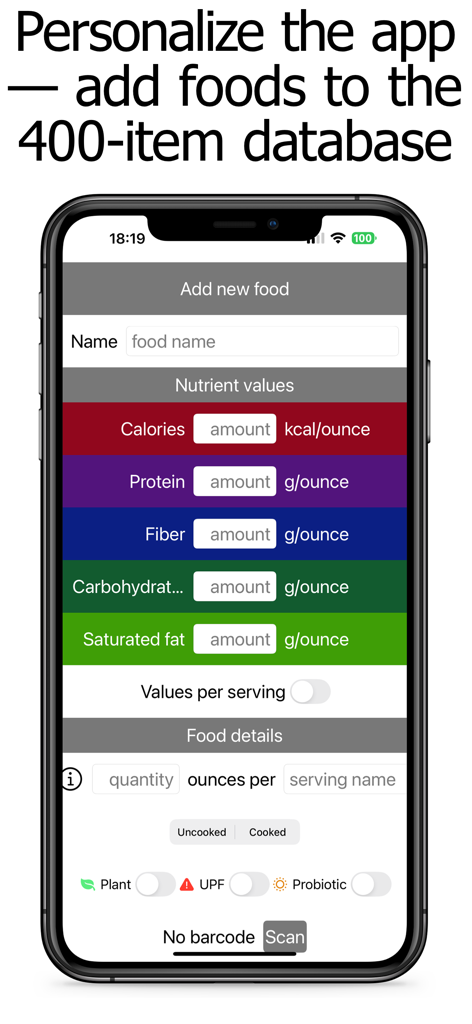Macro Counter and Tracker - Interfaz para agregar elementos de alimentos personalizados con valores nutricionales detallados en la aplicación Macro Counter and Tracker.