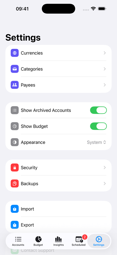 Indigo Money app settings screen showing options for currencies, security, and data backup.