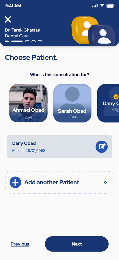 Med Quick - Med Quick app screen for selecting or adding a family member profile for a healthcare consultation