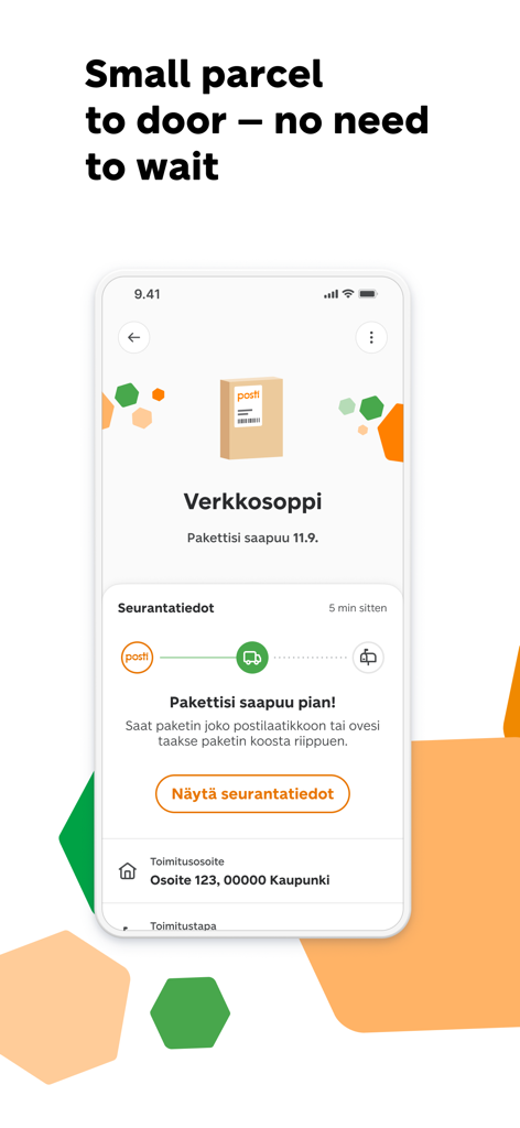OmaPosti - A mobile screen from the OmaPosti app showing the real-time tracking status of a small parcel with delivery details in Finnish
