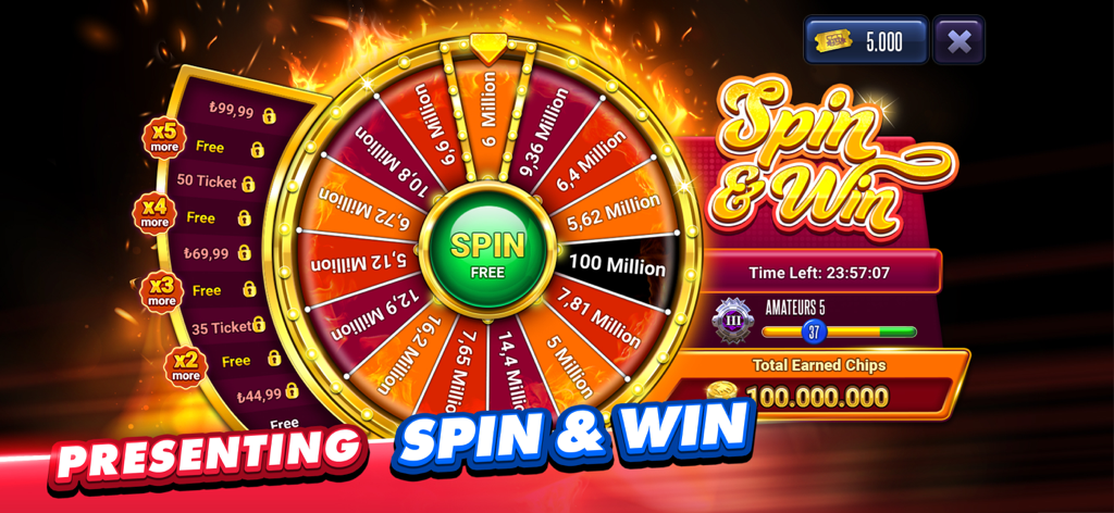 Spin and Win prize wheel for daily chip rewards in 101 Okey Plus