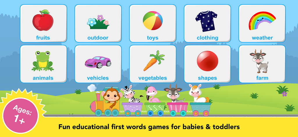 Baby games for one year olds. - Educational game categories for one year olds featuring animals and fruits