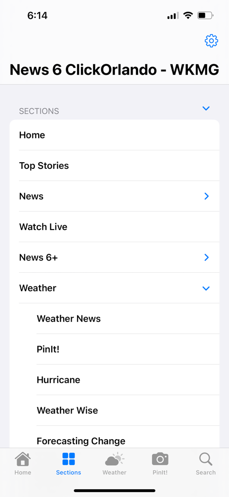 News 6 ClickOrlando - WKMG - Sections menu of the News 6 ClickOrlando app showing categories like news watch live and weather