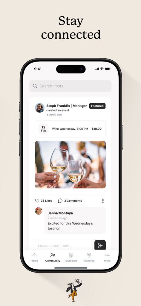 LOFT Living - Interfaccia del feed della community dell'app LOFT Living che mostra un post sull'evento Wine Wednesday con commenti dei residenti.