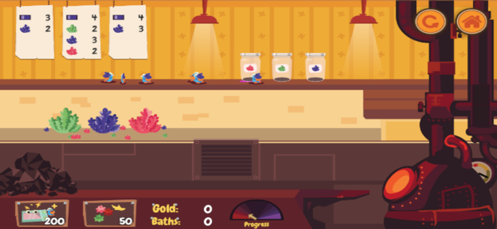 PenguBath - Gameplay screen of PenguBath showing penguins working in a cozy bathhouse with herbs and a coal stove.