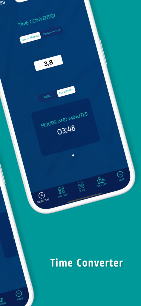 AeroTime Pro - Pantalla de la aplicación AeroTime Pro que muestra el convertidor de tiempo de decimal a horas y minutos para pilotos