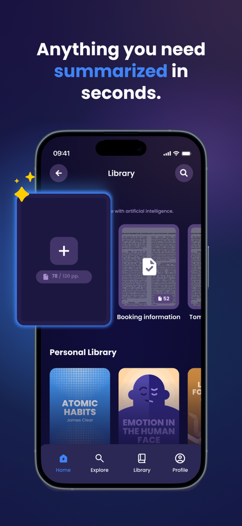 Bookster: Books in 15 Minutes - Bookster app library screen showing AI powered document summaries and personal book collection