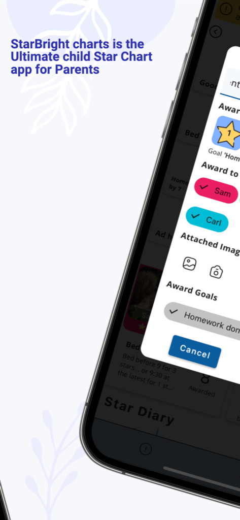 Starbright Charts - Pantalla de iPhone que muestra la interfaz de la aplicación Starbright Charts para otorgar estrellas a los niños por completar metas como la tarea