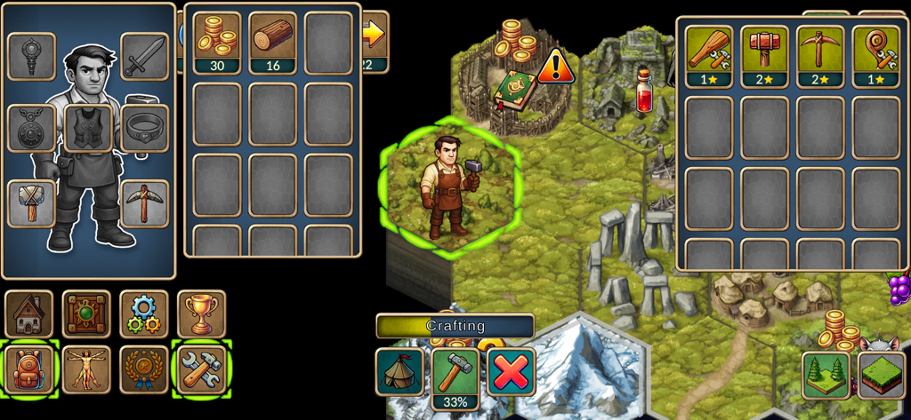 Gameplay screenshot showing the Artisan character class managing inventory and crafting tools on a hexagonal world map in Next Run Fantasy Strategy RPG.