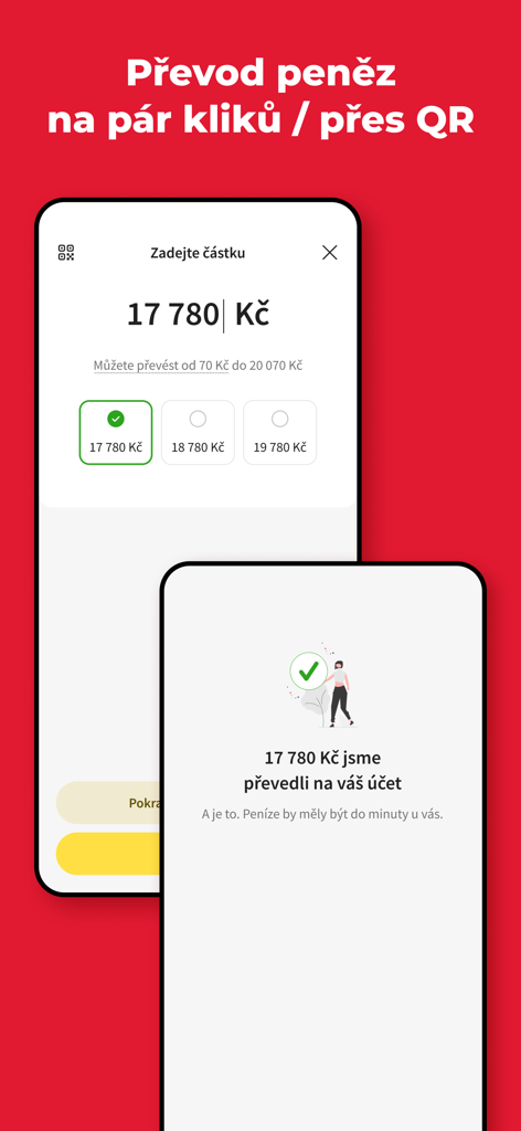 Home Credit CZ app screens showing instant money transfer and successful payment confirmation