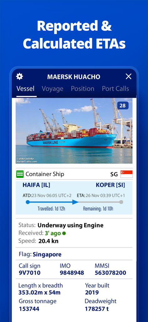 MarineTraffic app interface showing detailed ship information and estimated arrival times for a container vessel.