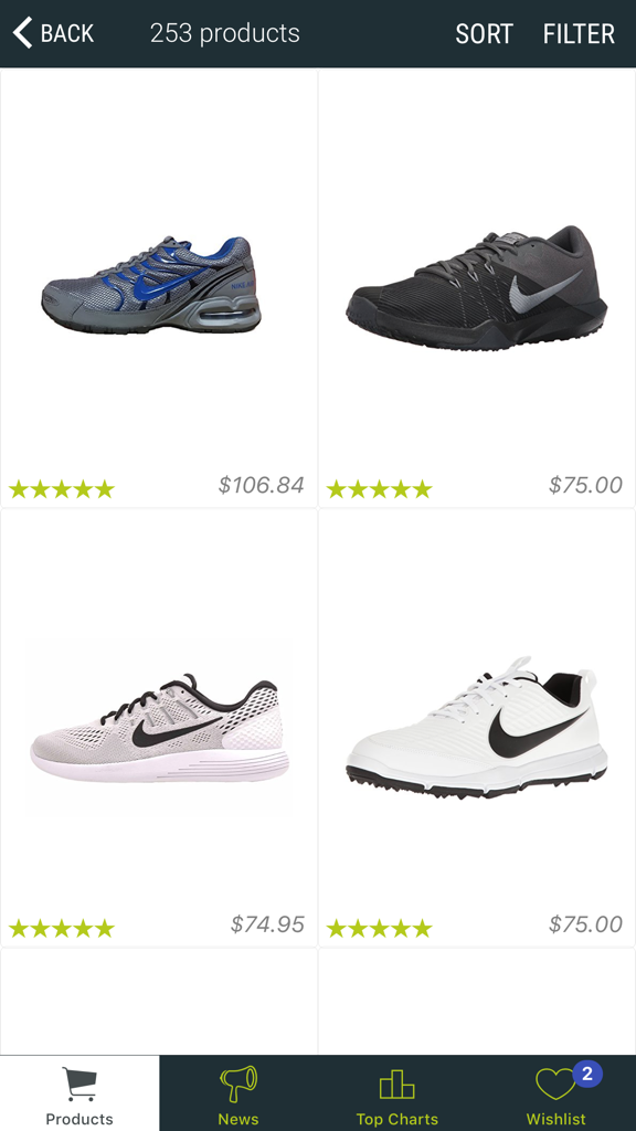 Sneakers Store - Una pantalla de listado de productos de la app Sneakers Store mostrando una cuadrícula de zapatos Nike con precios y calificaciones por estrellas.