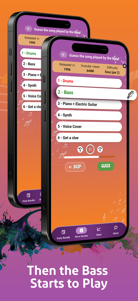 Bandle: Guess The Song Game - A screenshot of the Bandle app interface showing a song guessing challenge with the bass instrument layer active.