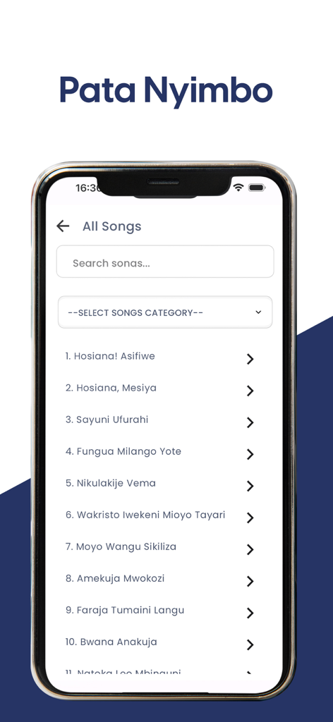 KKKT Maandiko - A smartphone displaying a list of Swahili Lutheran hymns in the KKKT Maandiko app
