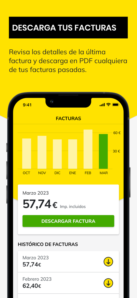Pantalla de facturación de la aplicación Masmovil mostrando el historial de facturas mensuales y las opciones de descarga.