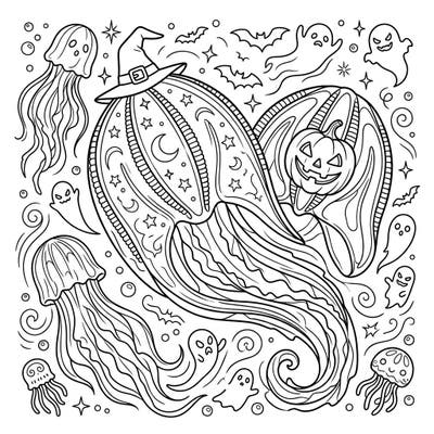 Prepare for a unique Halloween coloring experience with our enchanting Comb Jellies design. This page brings together the mysterious beauty of marine life with delightful spooky elements, perfect for celebrating the season.
