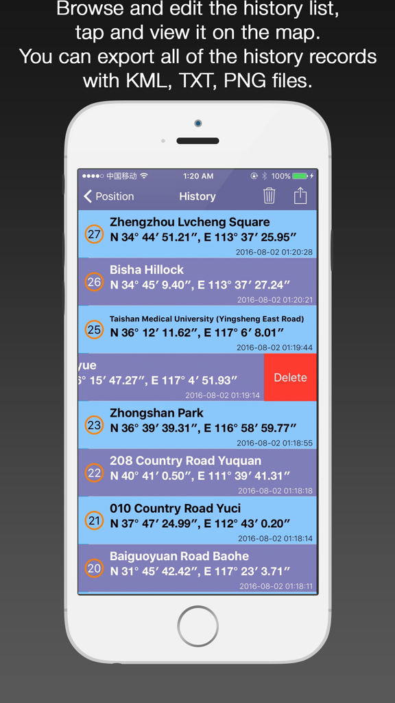 LocFaker app interface showing a list of saved fake location history records and coordinates.