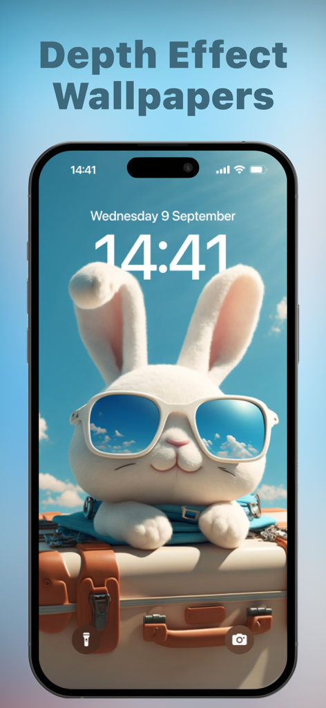 Widget Box Interactive Widgets - Pantalla de bloqueo de iPhone que muestra un fondo de pantalla con efecto de profundidad con un lindo conejo blanco con gafas de sol