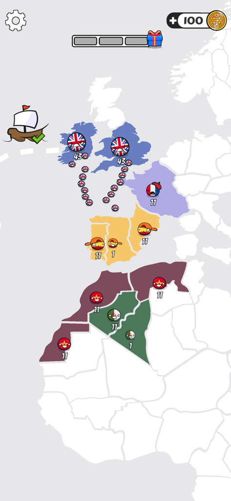 Captura de pantalla del juego Country Balls World War mostrando el mapa estratégico y la conquista territorial