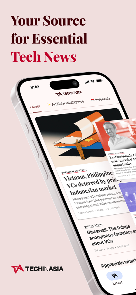 Tech in Asia: News & Analysis - Tech in Asia mobile app interface on a smartphone displaying news headlines about Asian tech startups and venture capital