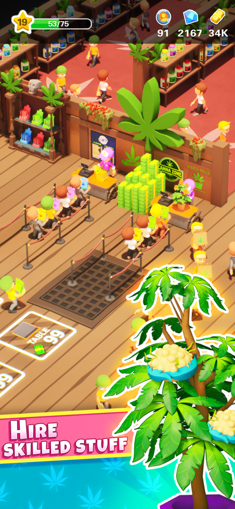 Weed Inc 420: Blaze & Trade - Weed Inc 420 Gameplay, das einen belebten Cannabis-Laden mit Warteschlangen von Kunden und arbeitenden Mitarbeitern zeigt