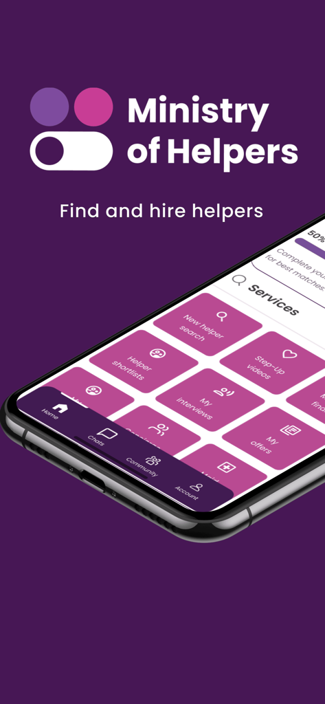Ministry of Helpers mobile app screen showing services to find and hire domestic workers