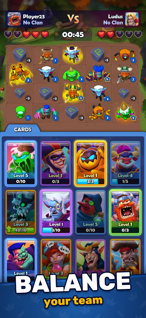 A screenshot of LUDUS Strategy PvP Card Battle showing hero cards and the merge arena with a text overlay saying Balance your team