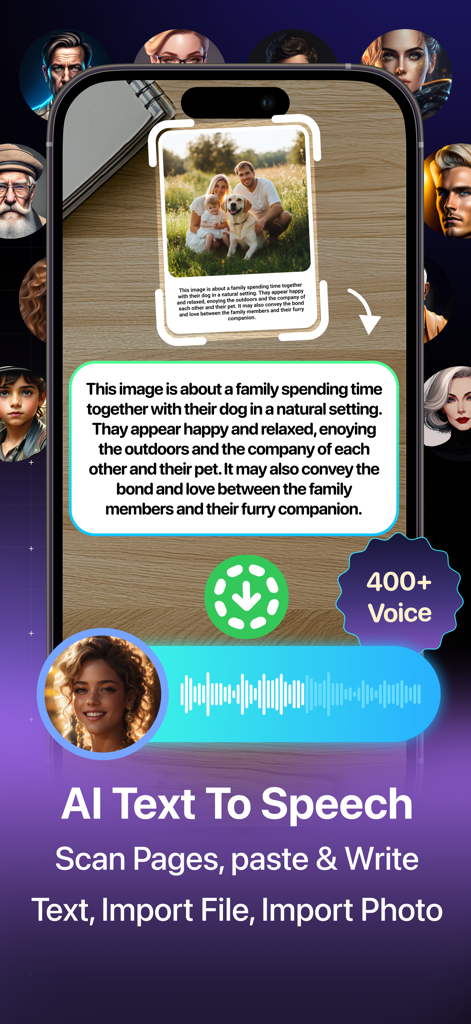 Interface d'application mobile montrant la fonctionnalité de synthèse vocale IA en train de scanner une photo de famille pour lire la description à voix haute